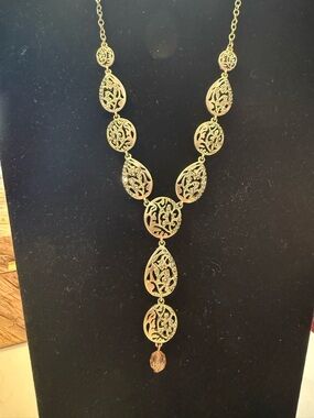 Gold Filigree Drop Y Necklace with Crystal Accent